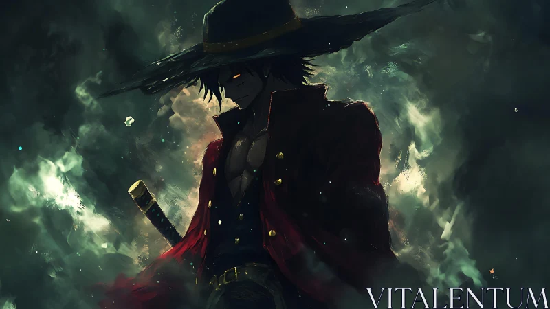 Sword-carrying figure in red coat amid dark swirling smoke.