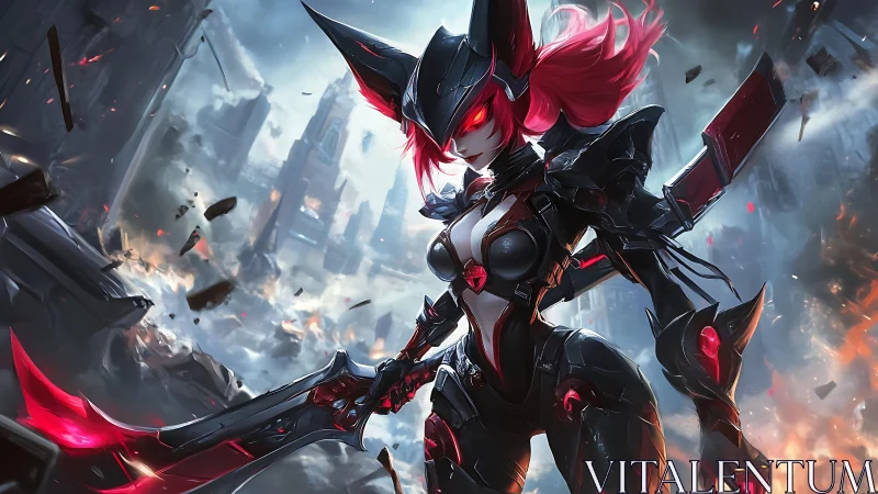 Cybernetic blade warrior dominates burning urban ruins.