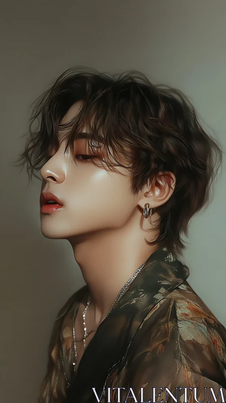 Velvet-lit portrait of a dreamy youth in gilded silk poise.