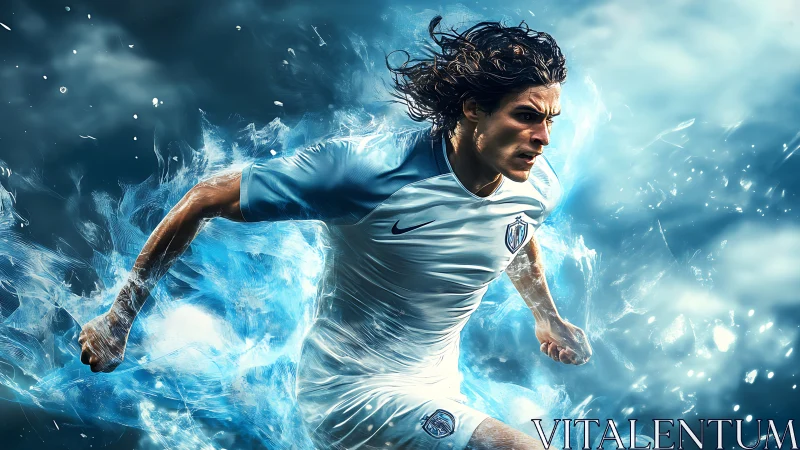 Explosive soccer runner charges forward in swirling blue energy