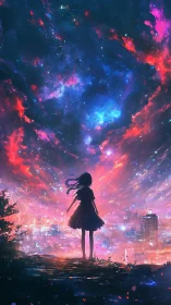 Silhouetted girl under neon cosmic sky above glowing city.