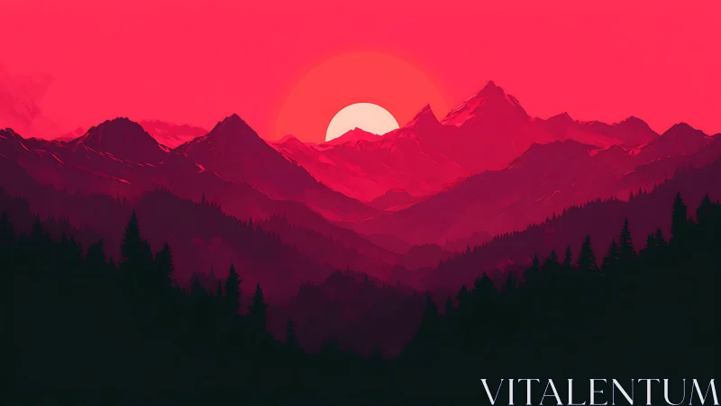 Crimson sun silhouettes layered alpine peaks and forests.