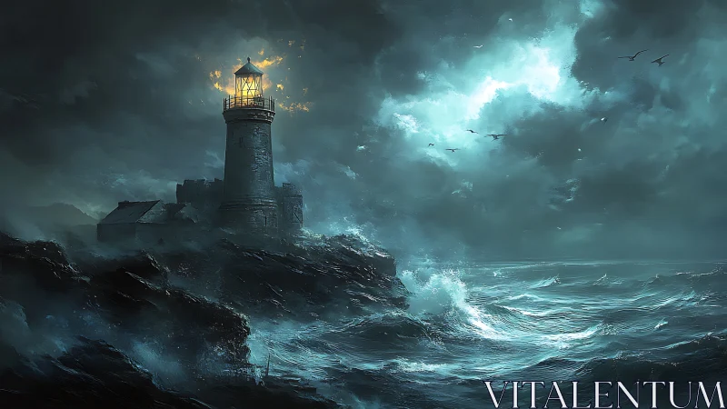 Stormy coastal lighthouse guiding ships through darkness.