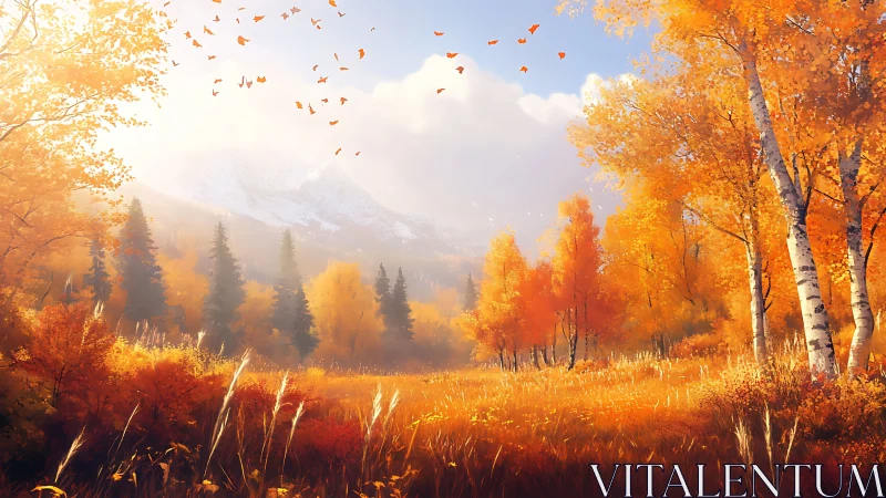 Golden autumn meadow beneath gentle snowcapped mountains.