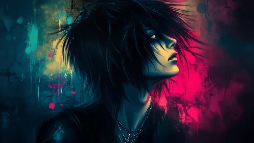 Neon-splashed dreamer inhales color from a fractured night