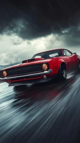 Crimson muscle car slicing rain slick asphalt under tempests.