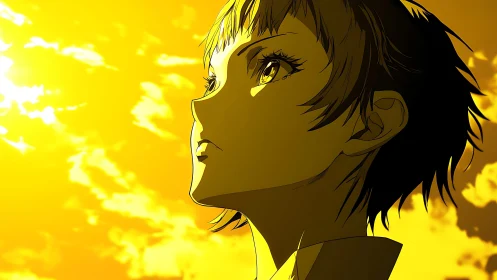 Golden anime profile captures luminous introspective gaze.