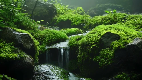 Moss covered rocks with small forest waterfall stream.