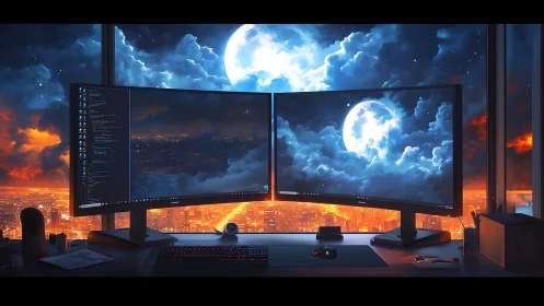 Dual curved monitors overlook luminous night cityscape
