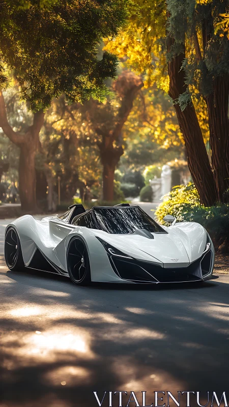 Low-slung white electric roadster on tree-lined parkway at dusk