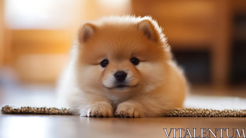 Fluffy puppy resting on rug in warm sunlit interior.