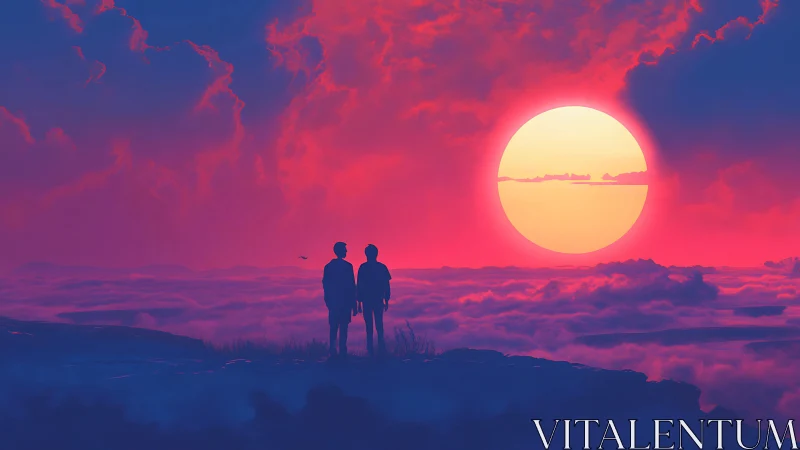 Silhouetted figures observe oversized sun above cloud sea