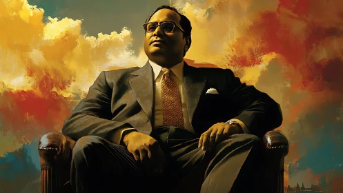 Regal seated leader in tailored suit against vivid sky backdrop.