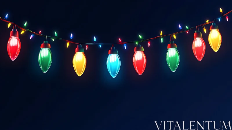 Colorful holiday string lights on deep midnight blue background.
