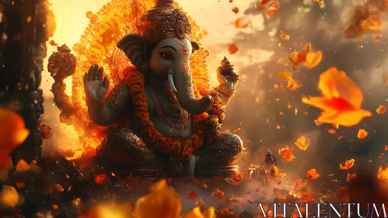 Elephant-headed deity statue amid orange petals and light.
