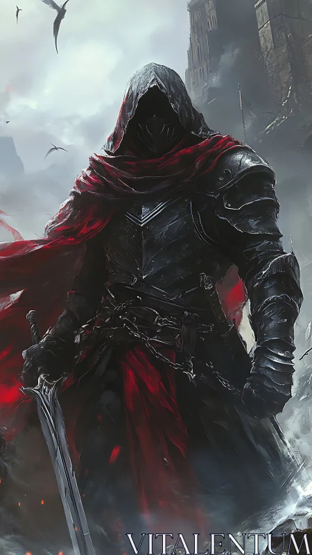 Hooded dark knight stands in ruined fortress with drawn sword