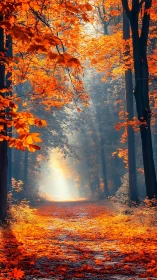 Autumn forest path glowing with golden light through trees
