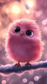 Fluffy pink songbird on branch in dreamy bokeh glow.