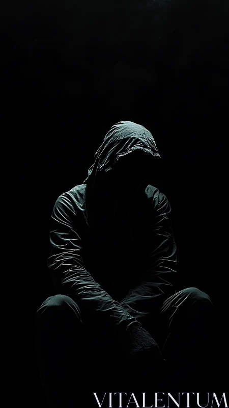 Low key portrait of hooded figure in deep negative space darkness