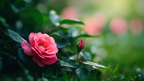Pink Rose Blooming in Morning Dew.