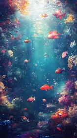 Sunlit tropical reef with colorful schooling fish and corals