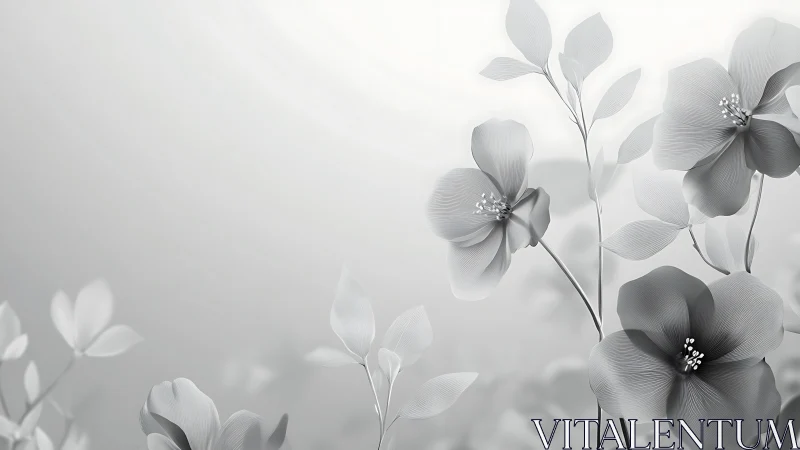 Monochromatic floral composition with botanical stems and blossoms.