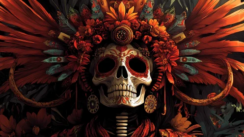 Ornate skeletal deity in feathered headdress with floral regalia