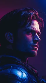 Neon-lit warrior in quiet focus and stormy determination.