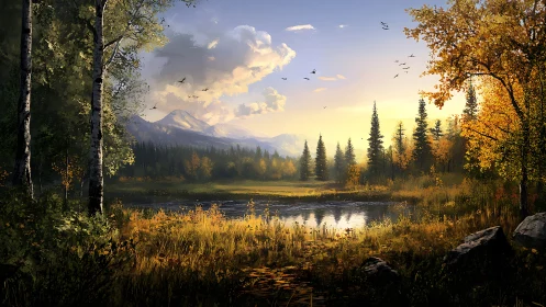 Golden hour settles gently over a peaceful forest lake