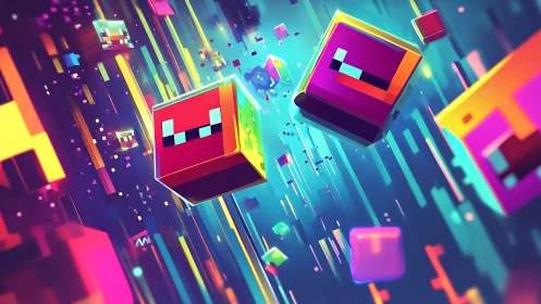 Neon voxel cubes in high-speed luminous digital tunnel