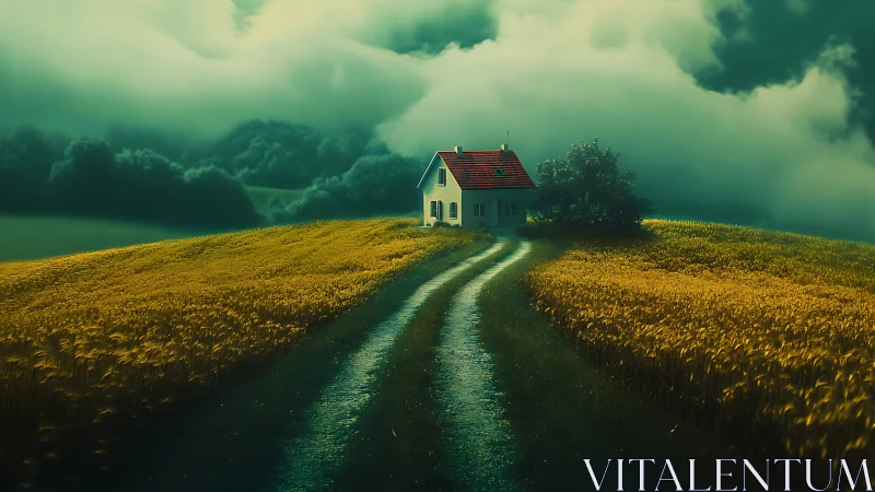 Solitary farmhouse amid golden fields under storm clouds.