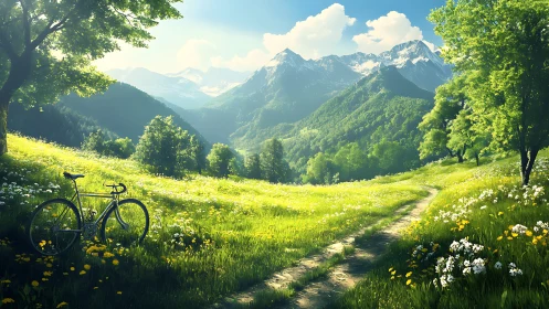 Mountain meadow path with bicycle under bright summer light.