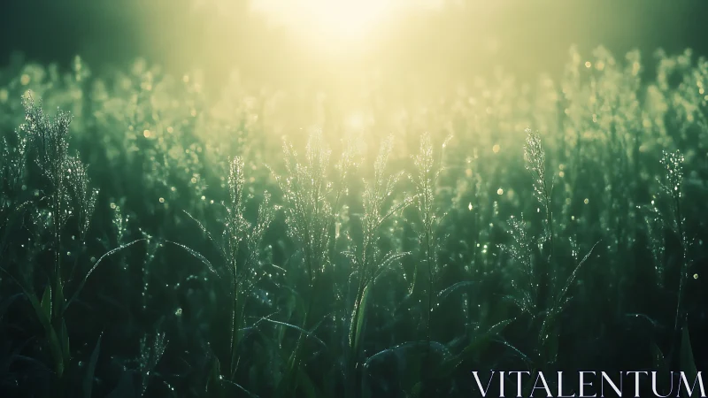 Morning light pours over dewy grass in a tranquil meadow