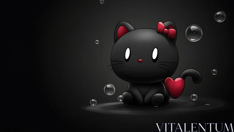 Charming Black Kitten Holding a Red Heart.