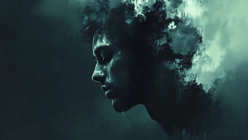 Melancholic profile dissolving into teal abstract clouds.