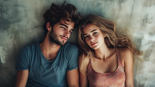 Two figures posed against weathered wall surface