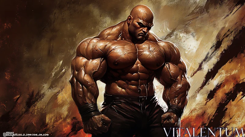 Massive muscular warrior stands tense against fiery storm.