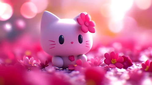 Kawaii cat figurine in luminous pink floral bokeh field.
