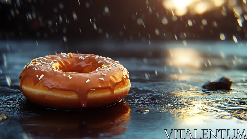Glazed donut rests on wet asphalt under soft evening rain
