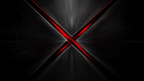 Futuristic metallic red X on dark radiant abstract background.