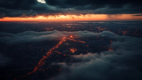 City lights carve a glowing path beneath stormy dawn clouds.