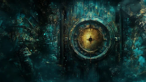 Ancient golden vault door glows within a misty teal abyss