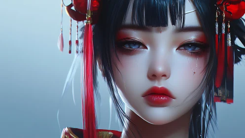 Porcelain-eyed cyber geisha in crimson hush and sorrow.