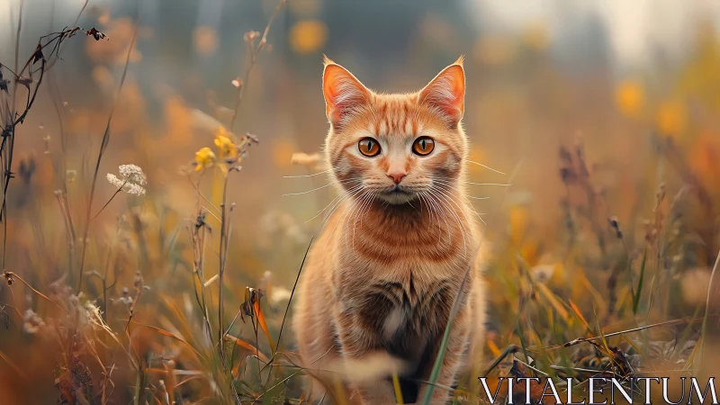 Orange Tabby Cat Seated in Golden Autumn Wildflower Field