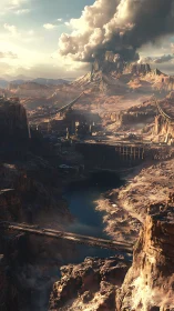 Sunlit canyon world welcomes a distant, misty sci fi city