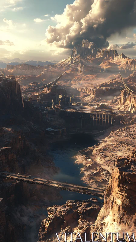 Sunlit canyon world welcomes a distant, misty sci fi city