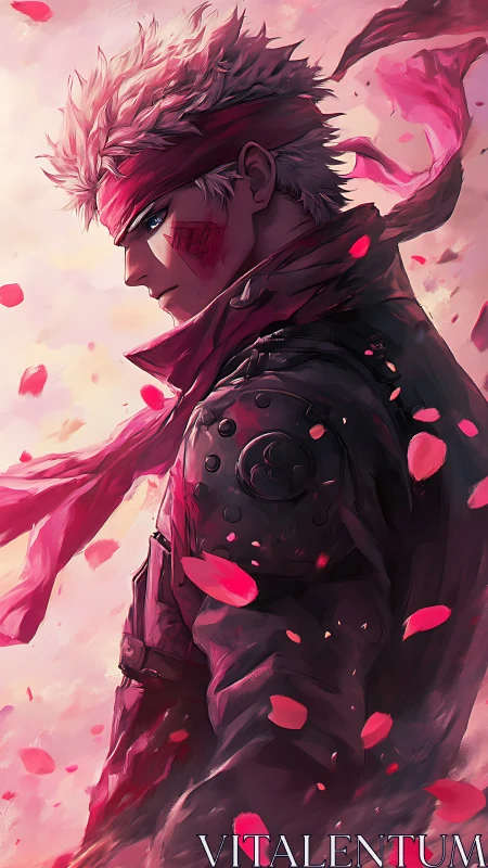 Scarred anime warrior with red scarf amid drifting petals.