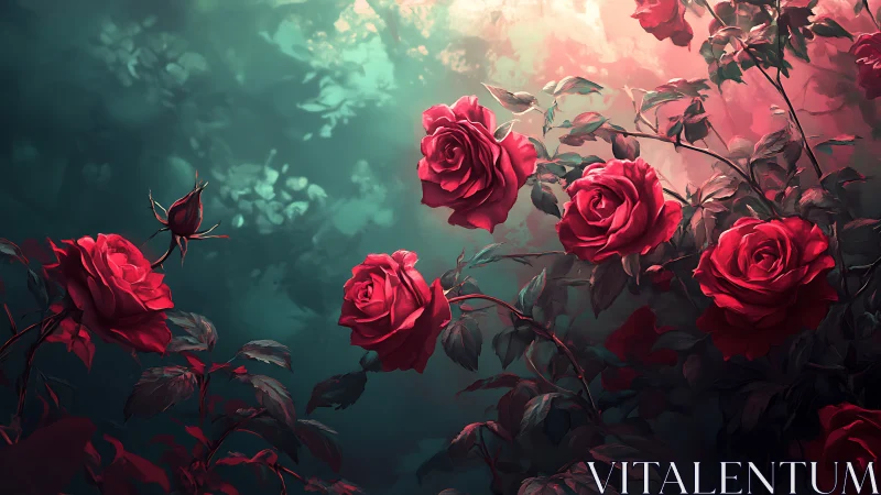 Deep Crimson Roses Against Emerald Luminescence.