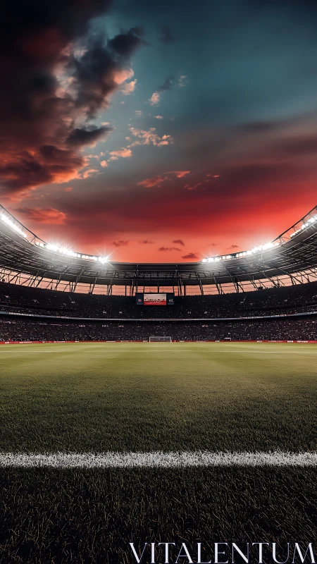 Floodlit football stadium encircles empty pitch at sunset