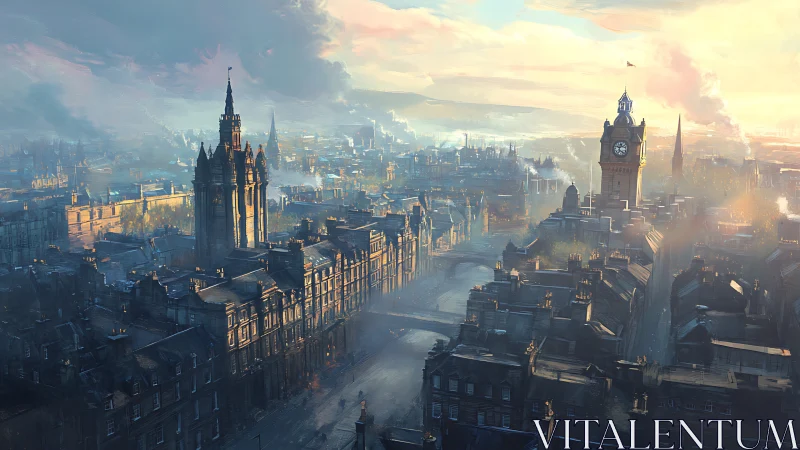 Old European city skyline under misty sunrise light